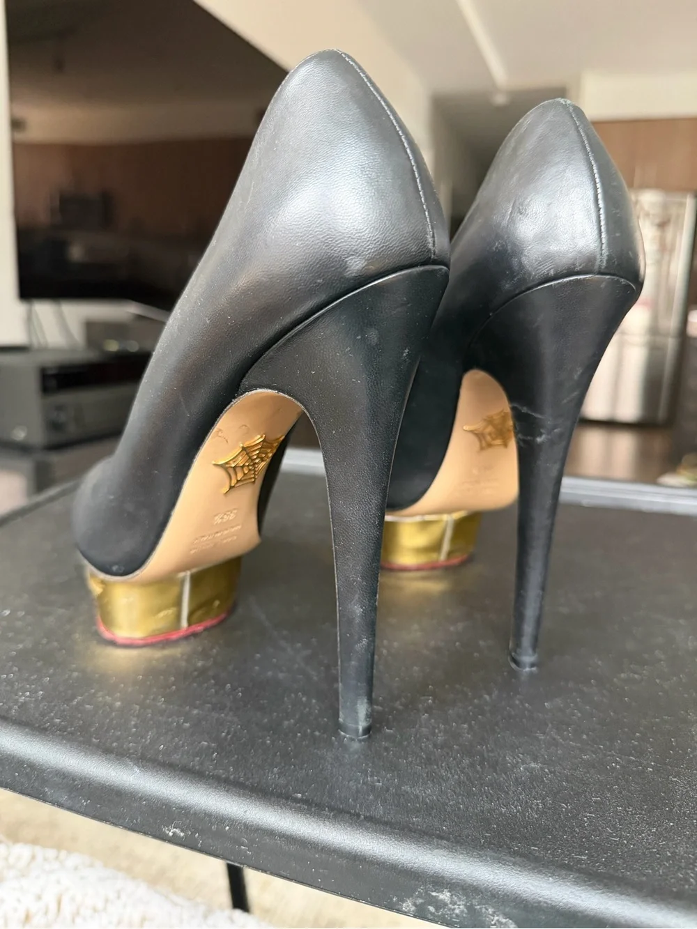 Charlotte Olympia Black Leather Platform Pumps with Gold Platform